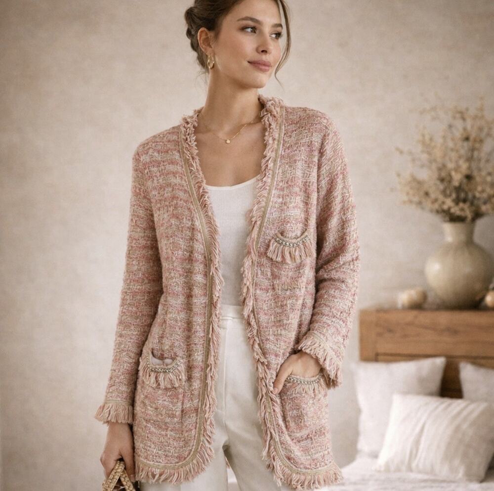 Cache Textured Fringe Cardigan Pink Cream Tweed Long Sleeve Chain Detail Sm